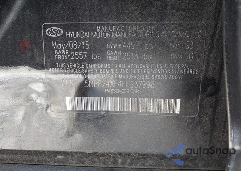 2015 Hyundai Sonata Se z USA, uszkodzony, nr VIN 5NPE24AF4FH237998